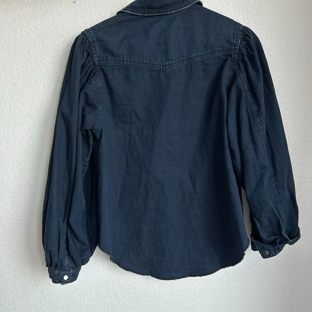 Free People With Love Snap Denim Western Shirt‎ Size XS Dark Cowgirl Puff sleeve